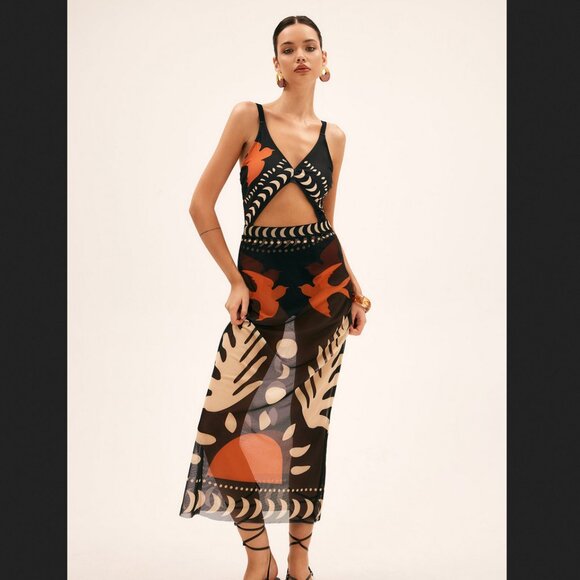 Commense Dresses & Skirts - Commense Large Black Orange Bird Print Mesh Cover Up Maxi Skirt Beach Su…